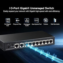 Load image into Gallery viewer, Binardat 10 Port Gigabit Ethernet Switch, 8 Ports 100/1000Mbps, 2 Gigabit Uplink, Support Vlan, Metal Case Unmanaged Plug and Play
