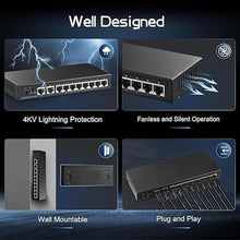 Load image into Gallery viewer, Binardat 10 Port Gigabit Ethernet Switch, 8 Ports 100/1000Mbps, 2 Gigabit Uplink, Support Vlan, Metal Case Unmanaged Plug and Play
