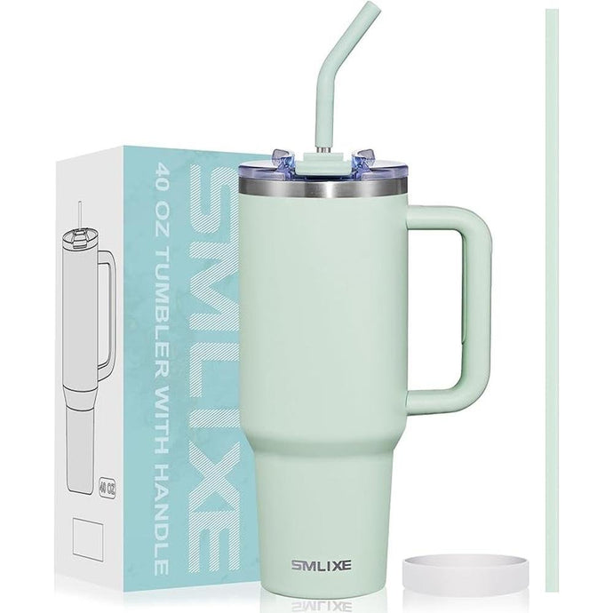 40 oz Tumbler with Handle and Straw Lid,Insulated Reusable Stainless Steel Water Bottle Travel Mug?Cupholder Friendly Double Wall Vacuum Sealed Cup (Light Green)