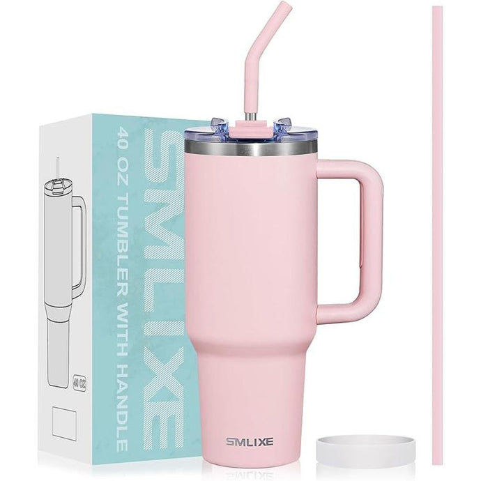 40 oz Tumbler with Handle and Straw Lid,Insulated Reusable Stainless Steel Water Bottle Travel Mug?Cupholder Friendly Double Wall Vacuum Sealed Cup (Pink)