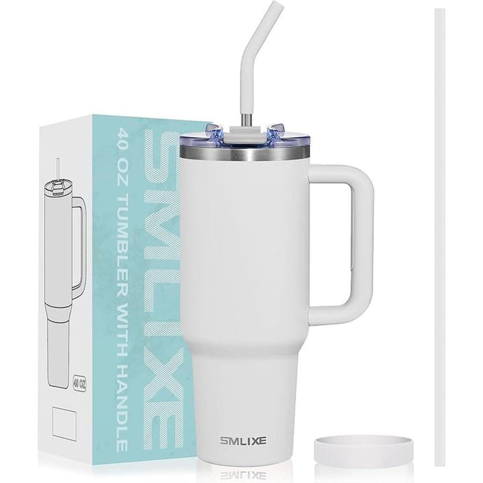 40 oz Tumbler with Handle and Straw Lid,Insulated Reusable Stainless Steel Water Bottle Travel Mug?Cupholder Friendly Double Wall Vacuum Sealed Cup (Cold White)