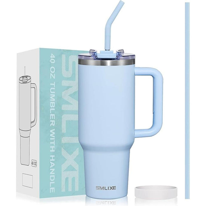 40 oz Tumbler with Handle and Straw Lid,Insulated Reusable Stainless Steel Water Bottle Travel Mug?Cupholder Friendly Double Wall Vacuum Sealed Cup (Sky Blue)