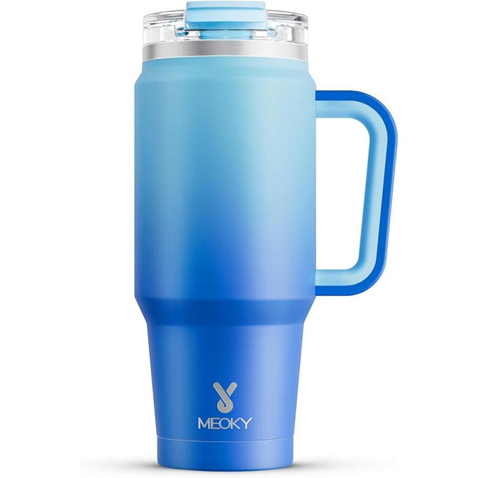 Meoky 32 oz Tumbler with Handle, Insulated Tumbler with Lid and Straw, Stainless Steel Travel Mug, Keeps Cold for 24 Hours, 100% Leak Proof, Fits in Car Cup Holder (Sky)