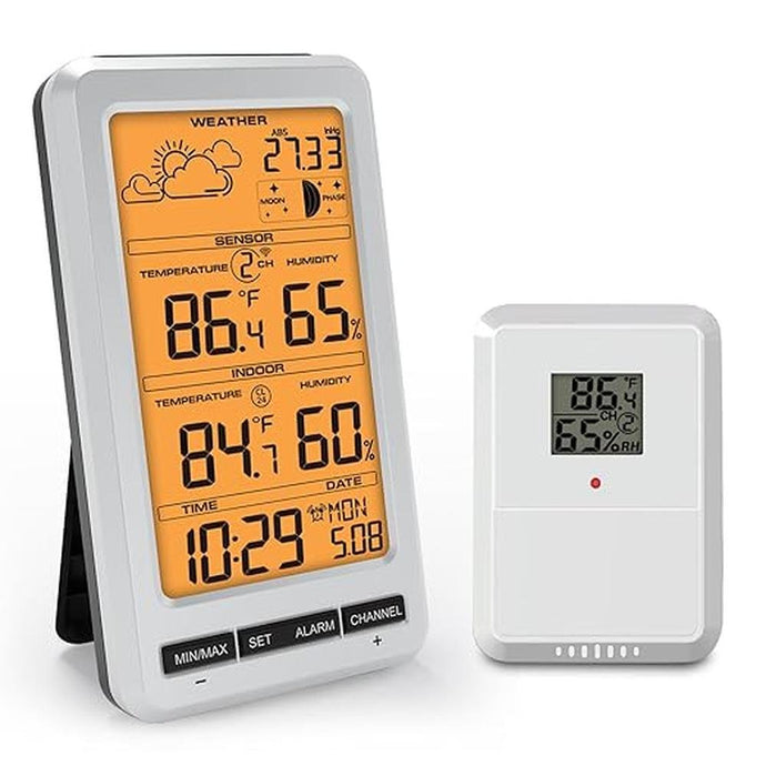 Weather Station Indoor Outdoor Thermometer Humidity Wireless Temperature Humidity Monitor, Weather Thermometer Forecast Station with Alarm Clock and Adjustable Backlight (Orange Backlight)