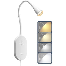 Load image into Gallery viewer, Wall Reading Light for Bed, Book Light with CRI 95+ for Eye Care, 4 Color Modes, 5 Dimmable, 2A USB Output, Memory Function, 4-Hour Auto Off, Flexible Gooseneck Bed Headboard Reading Lamp White
