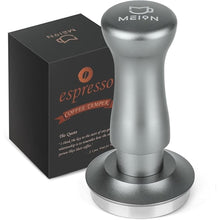 Load image into Gallery viewer, MEION Espresso Tamper 58.5mm Coffee Tamper, Calibrated Dual Spring Loaded Barista Tamper with Stainless Steel Base, Comes with aluminum storage pad (58.5MM, Silver)
