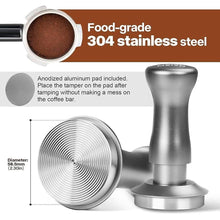 Load image into Gallery viewer, MEION Espresso Tamper 58.5mm Coffee Tamper, Calibrated Dual Spring Loaded Barista Tamper with Stainless Steel Base, Comes with aluminum storage pad (58.5MM, Silver)
