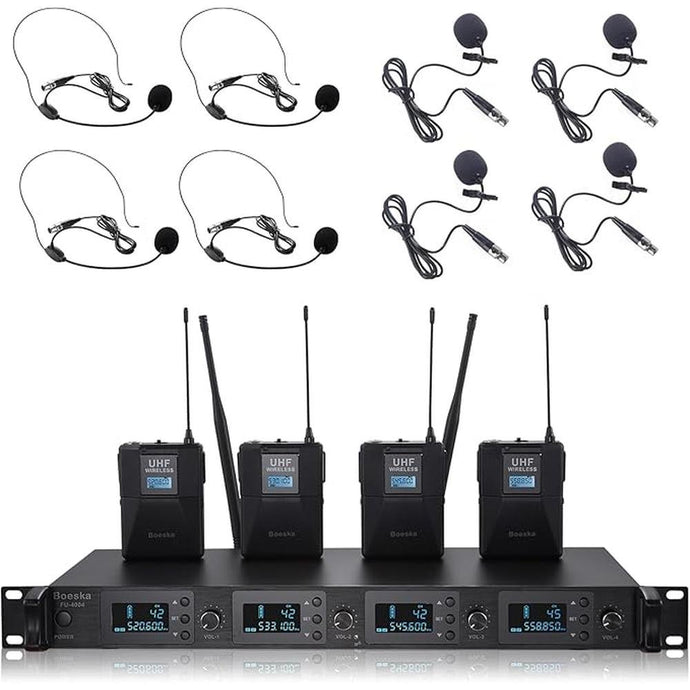 Wireless Microphone System 4 Channel UHF 4 Lavalier Lapel Headset Mics for Karaoke Church Speaking Conference Meeting Party, 4x25 Adjustable Frequency (4 Bodypack)