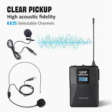 Load image into Gallery viewer, Wireless Microphone System 4 Channel UHF 4 Lavalier Lapel Headset Mics for Karaoke Church Speaking Conference Meeting Party, 4x25 Adjustable Frequency (4 Bodypack)
