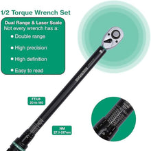 Load image into Gallery viewer, 1/2-Inch Drive Click Torque Wrench, 20-160 Ft.lb/27.1-217 Nm Dual-direction Torque Wrench with ±3% High Precision, Dual Range Scales, Quick Release Reversible Head for Motorcycle, Car
