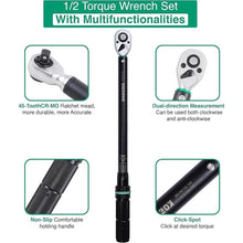 Load image into Gallery viewer, 1/2-Inch Drive Click Torque Wrench, 20-160 Ft.lb/27.1-217 Nm Dual-direction Torque Wrench with ±3% High Precision, Dual Range Scales, Quick Release Reversible Head for Motorcycle, Car
