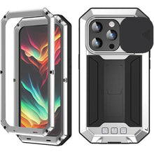 Load image into Gallery viewer, FW Compatible with iPhone 15 Pro Max Metal Case with Slide Camera Cover Built in Screen Protector Kickstand Full Body Hybrid Military Heavy Duty Armor Silicone Case for Man (Sliver)
