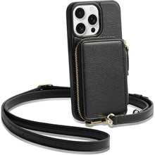 Load image into Gallery viewer, ZVE for iPhone 15 Pro Wallet Case, Crossbody Phone Purse with Card Holder for Women, Zipper Leather RFID Blocking Carrying Cover with Wrist Strap for iPhone 15 Pro 6.1 inch- Black
