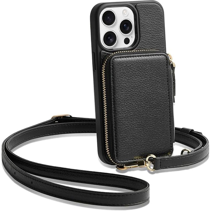ZVE for iPhone 15 Pro Wallet Case, Crossbody Phone Purse with Card Holder for Women, Zipper Leather RFID Blocking Carrying Cover with Wrist Strap for iPhone 15 Pro 6.1 inch- Black