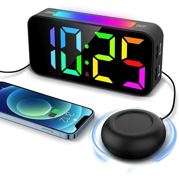 Alarm Clocks for Heavy Sleepers, Vibrating Alarm Clock with Bed Shaker, Night Light, Large Display, Dimmable Loud Clock for Adults Hearing Impaired Deaf Seniors Teens (RGB)