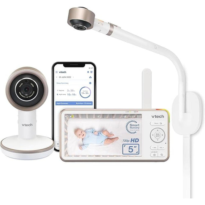VTech V-Care VC2105 1080p FHD Over-The Crib Mount Smart Baby Monitor 5” 720p LCD Screen,Table Stand,Remote Access,Versatile Placement,Intelligence Detection, Sleep Analysis,18hrs Recording,with WiFi
