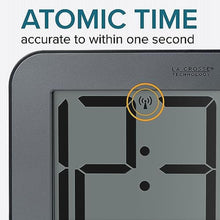 Load image into Gallery viewer, La Crosse Technology 513-02927 Atomic Digital Clock with Indoor Temp and Calendar - 4inch Large Digits - Silver Finish - Wall Mount and Table Top
