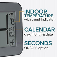 Load image into Gallery viewer, La Crosse Technology 513-02927 Atomic Digital Clock with Indoor Temp and Calendar - 4inch Large Digits - Silver Finish - Wall Mount and Table Top
