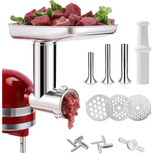Load image into Gallery viewer, Food Grinder Attachment for KitchenAid Mixers,Stainless Steel Dishwasher Safe Meat Mincer Accessories Set Included 3 Sausage Stuffer Tubes
