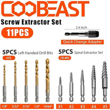 Load image into Gallery viewer, 11Pcs Screw Extractor Set, Left Hand Drill Bit and Bolt Extractor Kit Easy to Remove Stripped Broken Damaged Screw Bolt and Nut Out, Reverse Drill Bit Extractor Set with Sturdy Case
