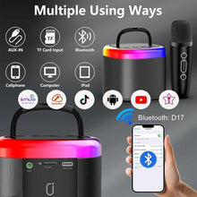 Load image into Gallery viewer, Karaoke Machine for Kids, Mini Bluetooth Speaker with 2 Wireless Microphones &amp; Disco Lights for Kids Home Party, Xmas Birthday Gifts Toys for Girls Boys 4-12+ Years Old
