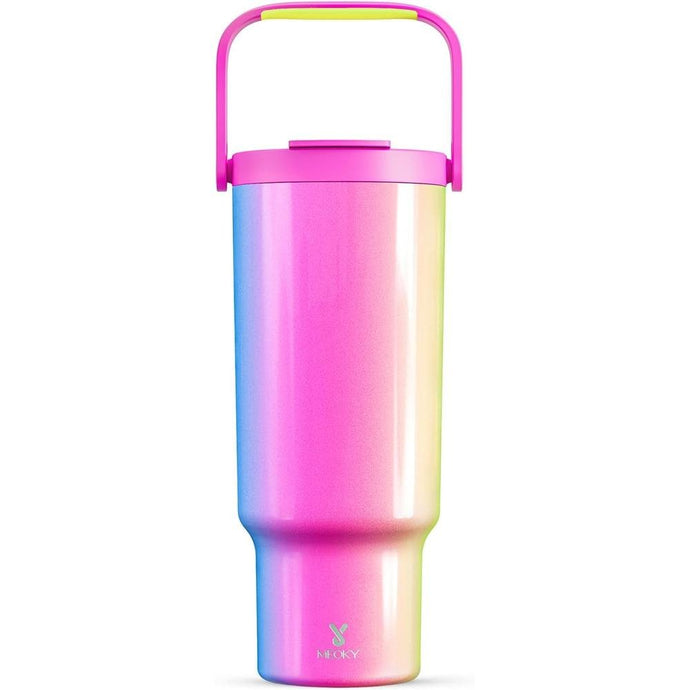 Meoky 40 oz Tumbler with Handle and Straw, Insulated Water Bottle, Stainless Steel Travel Mug, Keeps Cold for 34 Hours, 100% Leak Proof, Fits in Car Cup Holder (Carnival)
