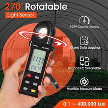 Load image into Gallery viewer, Digital Plant Light Meter, Kethvoz Lux/Foot Candles Tester w/ 270º Rotating Sensor Detect Lighting Illuminance 400,000Lux w/Data Logging for Aquarium Greenhouse Grow Photography
