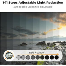 Load image into Gallery viewer, K&amp;F Concept 55mm Variable ND2-2000 (1-11 Stops) ND Camera Lens Filter-18 Multi-Coated Adjustable Neutral Density Filter with 3 Vacuum Cleaning Cloths (K-Series)
