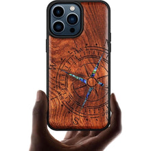 Load image into Gallery viewer, Carveit Designer Wooden Protective Case for iPhone 15 Pro Max Magnetic Case Cover [Wood Engraving &amp; Shell Inlay] Compatible with 15 Pro Max MagSafe Case (Incomplete Compass-Red Wood)
