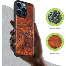 Load image into Gallery viewer, Carveit Designer Wooden Protective Case for iPhone 15 Pro Max Magnetic Case Cover [Wood Engraving &amp; Shell Inlay] Compatible with 15 Pro Max MagSafe Case (Incomplete Compass-Red Wood)
