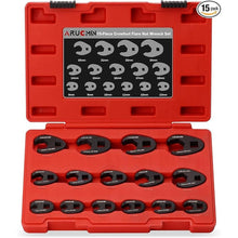 Load image into Gallery viewer, 3/8&quot; and 1/2&quot; Drive Crowfoot Flare Nut Wrench Set, 15-Piece 8-24mm Metric Crows foot Wrench Set Chromium Molybdenum Steel with Organizer Box
