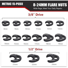 Load image into Gallery viewer, 3/8&quot; and 1/2&quot; Drive Crowfoot Flare Nut Wrench Set, 15-Piece 8-24mm Metric Crows foot Wrench Set Chromium Molybdenum Steel with Organizer Box
