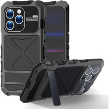 Load image into Gallery viewer, FW Compatible with iPhone 15 Pro Case Metal Silicone Armor 360 Full Body Heavy Duty Tough Rugged Military Grade case with Metal Stand Screen Protector Dustproof Shockproof Outdoor Case (Black)

