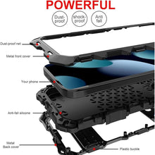 Load image into Gallery viewer, FW Compatible with iPhone 15 Pro Case Metal Silicone Armor 360 Full Body Heavy Duty Tough Rugged Military Grade case with Metal Stand Screen Protector Dustproof Shockproof Outdoor Case (Black)

