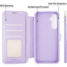 Load image into Gallery viewer, VANAVAGY Compatible for Galaxy S23 FE Wallet Case for Women and Men,RFID Flip Leather Cover with Wrist Supports Wireless Charging with Card Holder and Glass Screen Protector,Clove Purple
