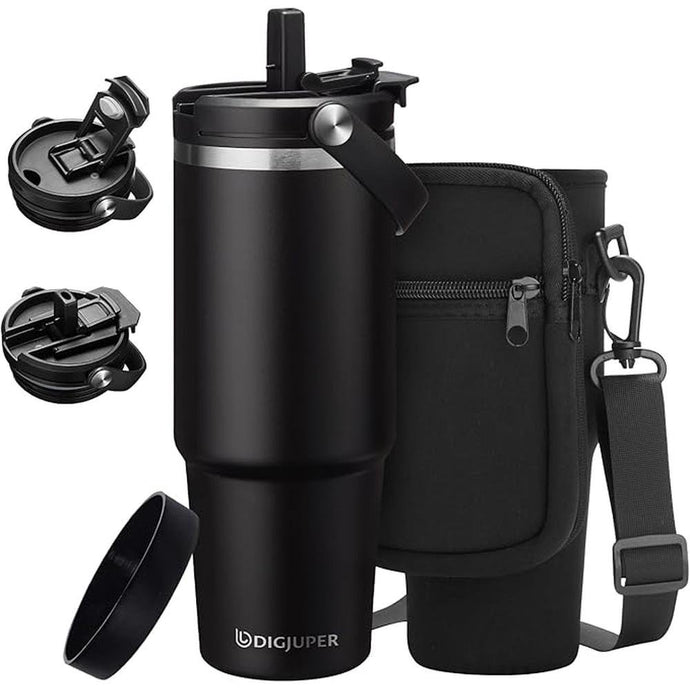 30oz Insulated-Tumblers Travel Coffee Mug - w/Straw & Flip Lid, Silicone Boot, Strap Carrier Bag, Cold 24H & Hot 12H, Stainless-Steel Coffee Tumbler Insulated Water Bottle Fits in Car Cup Holder
