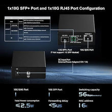 Load image into Gallery viewer, Binardat 10G Fiber Media Coverter, 2 Port 10 Gigabit Ethernet Switch, 1 x 10G RJ45 Port, 1 x 10G SFP Port, Mini Metal Case Fanless, Unmanaged Plug and Play
