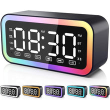 Load image into Gallery viewer, Big Digital Dual Alarm Clock with Snooze, Bluetooth Speaker with HIFI Stereo, 3-level Dimmable, Colorful LED Lights, Sound-activated, Rechargeable Battery, 12/24H, Compact Clock for Bedrooms (Black)
