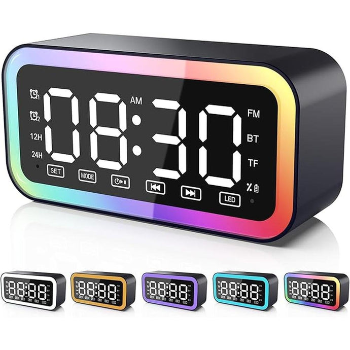 Big Digital Dual Alarm Clock with Snooze, Bluetooth Speaker with HIFI Stereo, 3-level Dimmable, Colorful LED Lights, Sound-activated, Rechargeable Battery, 12/24H, Compact Clock for Bedrooms (Black)