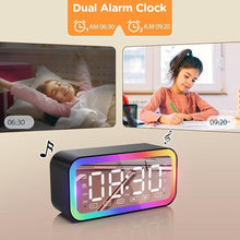 Load image into Gallery viewer, Big Digital Dual Alarm Clock with Snooze, Bluetooth Speaker with HIFI Stereo, 3-level Dimmable, Colorful LED Lights, Sound-activated, Rechargeable Battery, 12/24H, Compact Clock for Bedrooms (Black)
