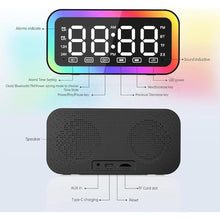 Load image into Gallery viewer, Big Digital Dual Alarm Clock with Snooze, Bluetooth Speaker with HIFI Stereo, 3-level Dimmable, Colorful LED Lights, Sound-activated, Rechargeable Battery, 12/24H, Compact Clock for Bedrooms (Black)
