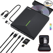 Load image into Gallery viewer, External CD DVD Drive with 4 USB Ports and 2 TF/SD Card Slots, USB 3.0 Portable CD/DVD Disk Drive Player Burner Reader Writer for Laptop Mac PC Windows 11/10/8/7 Linux OS with Carrying Case

