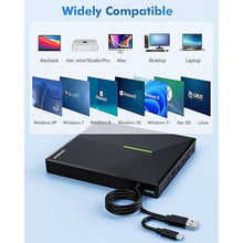 Load image into Gallery viewer, External CD DVD Drive with 4 USB Ports and 2 TF/SD Card Slots, USB 3.0 Portable CD/DVD Disk Drive Player Burner Reader Writer for Laptop Mac PC Windows 11/10/8/7 Linux OS with Carrying Case
