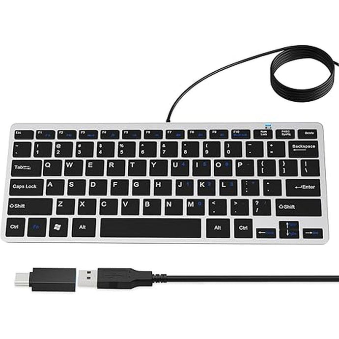 Ultra-Slim 78keys USB Mini Wired Keyboard with Media Hotkeys for Apple Mac Pro, MacBook 56Pro/ iMac, Air, Mac Mini, Laptop Computers, Windows PC 11/10/8/7, with USB-A to C OTG Adapter, Silver Black