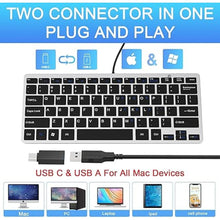 Load image into Gallery viewer, Ultra-Slim 78keys USB Mini Wired Keyboard with Media Hotkeys for Apple Mac Pro, MacBook 56Pro/ iMac, Air, Mac Mini, Laptop Computers, Windows PC 11/10/8/7, with USB-A to C OTG Adapter, Silver Black

