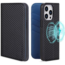 Load image into Gallery viewer, VISOUL Case for iPhone 15 Pro Max Wallet Case, Carbon Fiber Leather Flip Folio Cover with Card Holder Kickstand Designed for iPhone 15 Pro Max 6.7&quot;(Black+Blue)
