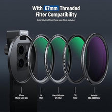Load image into Gallery viewer, NEEWER Upgraded 67mm Phone Filter Mount Threaded Lens Filter Clip w/Cold Shoe Mount, Locking Knob, 13mm Opening Compatible with iPhone 16 15 Pro Max Plus 14 13 Samsung Galaxy S22 S23 S24 Ultra, LA006
