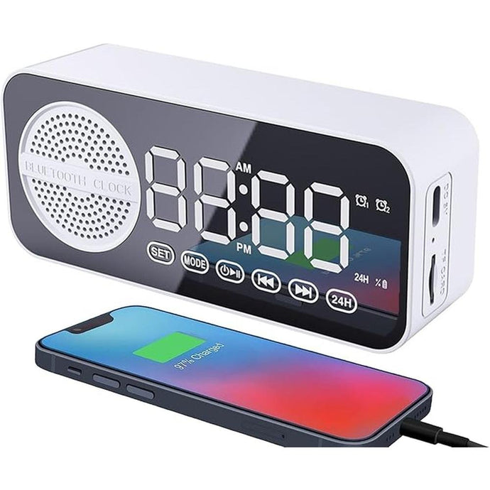 Digital LED Alarm Clock with Wireless Speaker, Dual Alarm Clocks for Bedroom/Heavy Sleepers/Adult/Teens, Bluetooth Speaker Support TF Card Playback FM Radio (White)