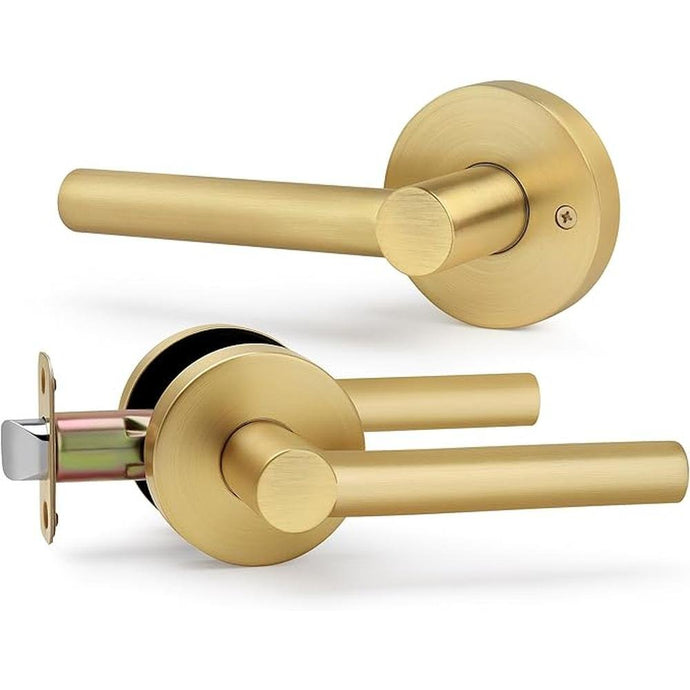 Brushed Gold No Lock Passage Door Handle, Round Design Non-Locking Heavy Duty Gold Interior Door Lever with Satin Brass Finish, Reversible for Left/Right Handed for Hallway and Closet Door