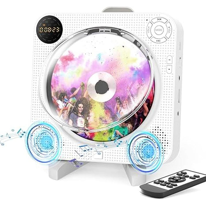 Bluetooth CD Player with Speakers DESOBRY Small CD Player for Home with Remote Control FM Radio Digital Screen Headphone Jack, Wall cD Player Support AUX in Cable&USB, White